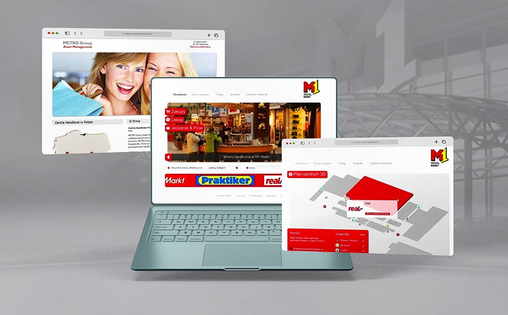 M1 shopping malls website mockups on screens of different devices